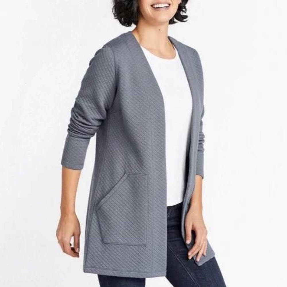 L.L.Bean Quilted Open Front Cardigan House Coat Sweater Grey‎ Size S